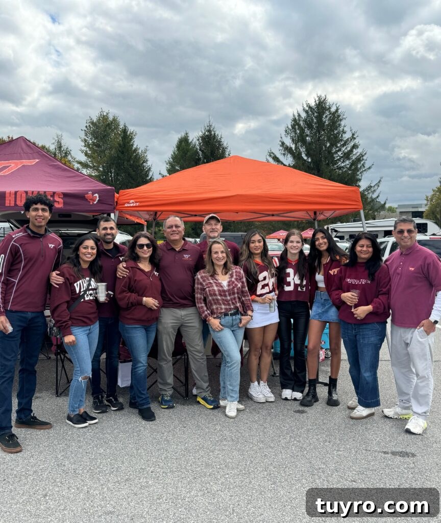 30+ Activities to Connect with Your Young Adult Children 12 Large family group gathered under tents at a Virginia Tech tailgate, dressed in team colors and celebrating college football together.