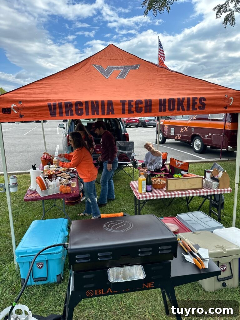 30+ Activities to Connect with Your Young Adult Children 14 Virginia Tech Hokies tailgate setup with grill, coolers, and food tables, showing the festive atmosphere of a family game day gathering.