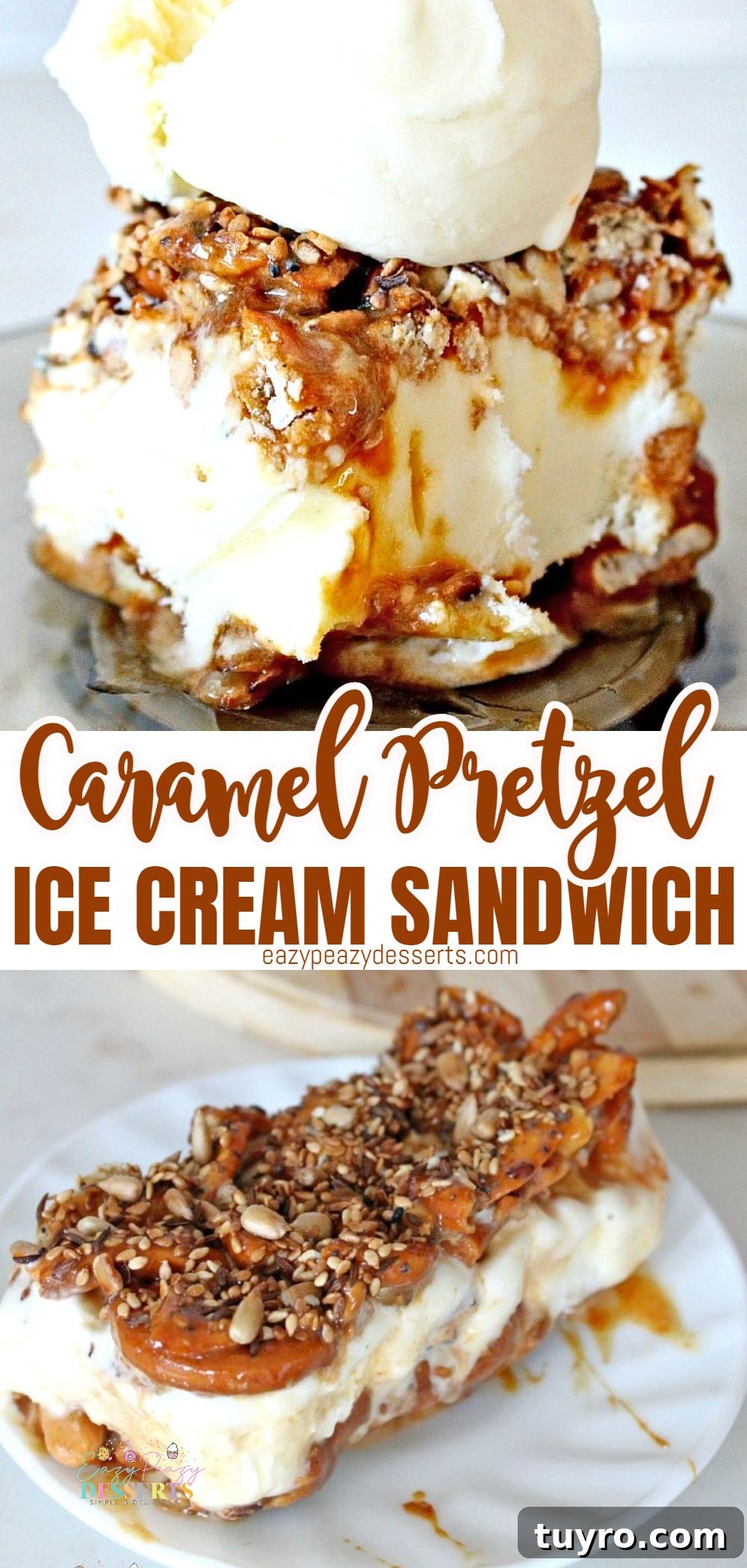 Crunchy Sweet & Salty Ice Cream Sandwich Recipe 6 Photo collage of ice cream sandwich recipe with caramel pretzel
