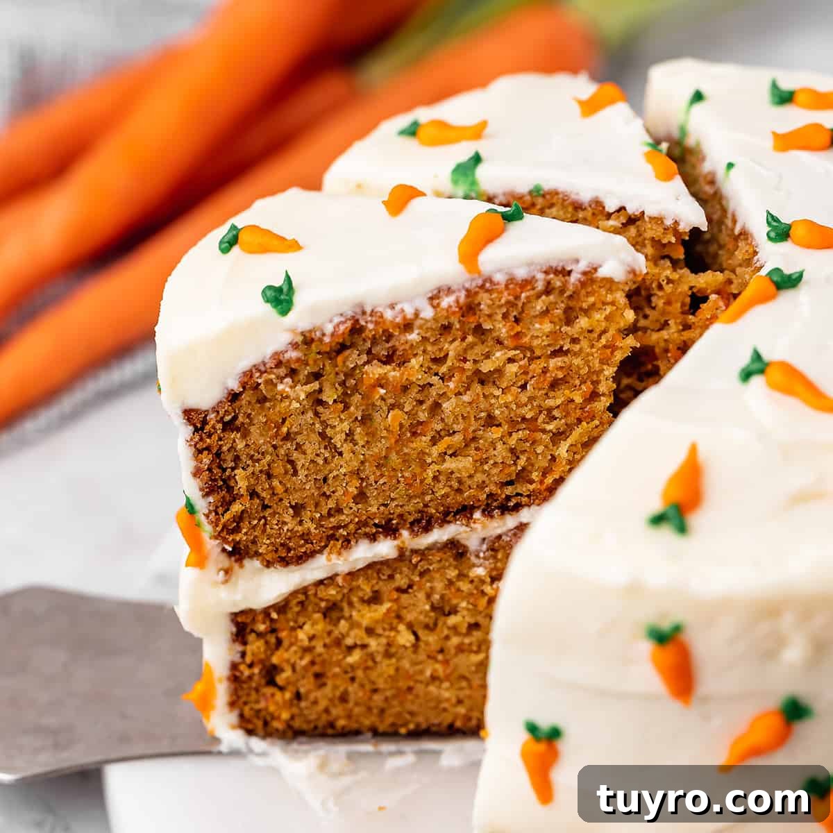 Moist Carrot Cake Recipe with Cream Cheese Frosting 2 carrot cake with 2 slices cut out of it