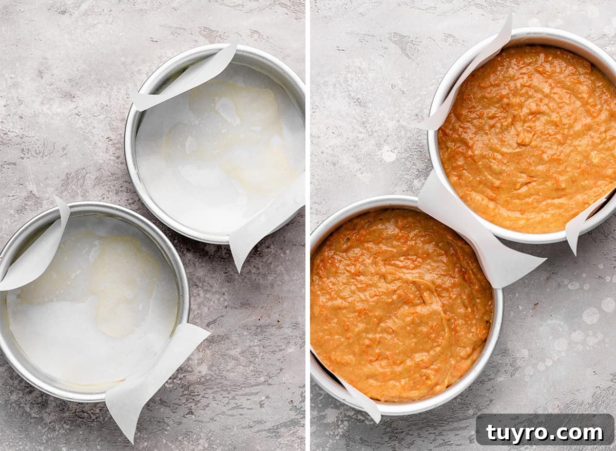 Moist Carrot Cake Recipe with Cream Cheese Frosting 12 two photos showing How to Make Carrot cake - lining cake pans and dividing batter between them
