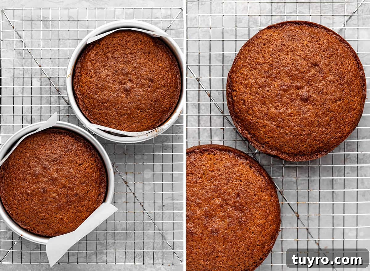 Moist Carrot Cake Recipe with Cream Cheese Frosting 13 two photos showing How to Make Carrot cake - cakes after baking in pans and on a wire cooling rack