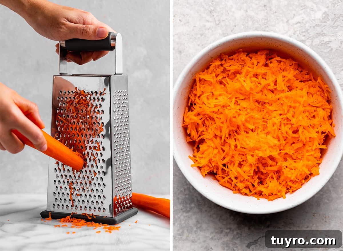 Moist Carrot Cake Recipe with Cream Cheese Frosting 6 two photos showing How to Make Carrot cake - grating carrots