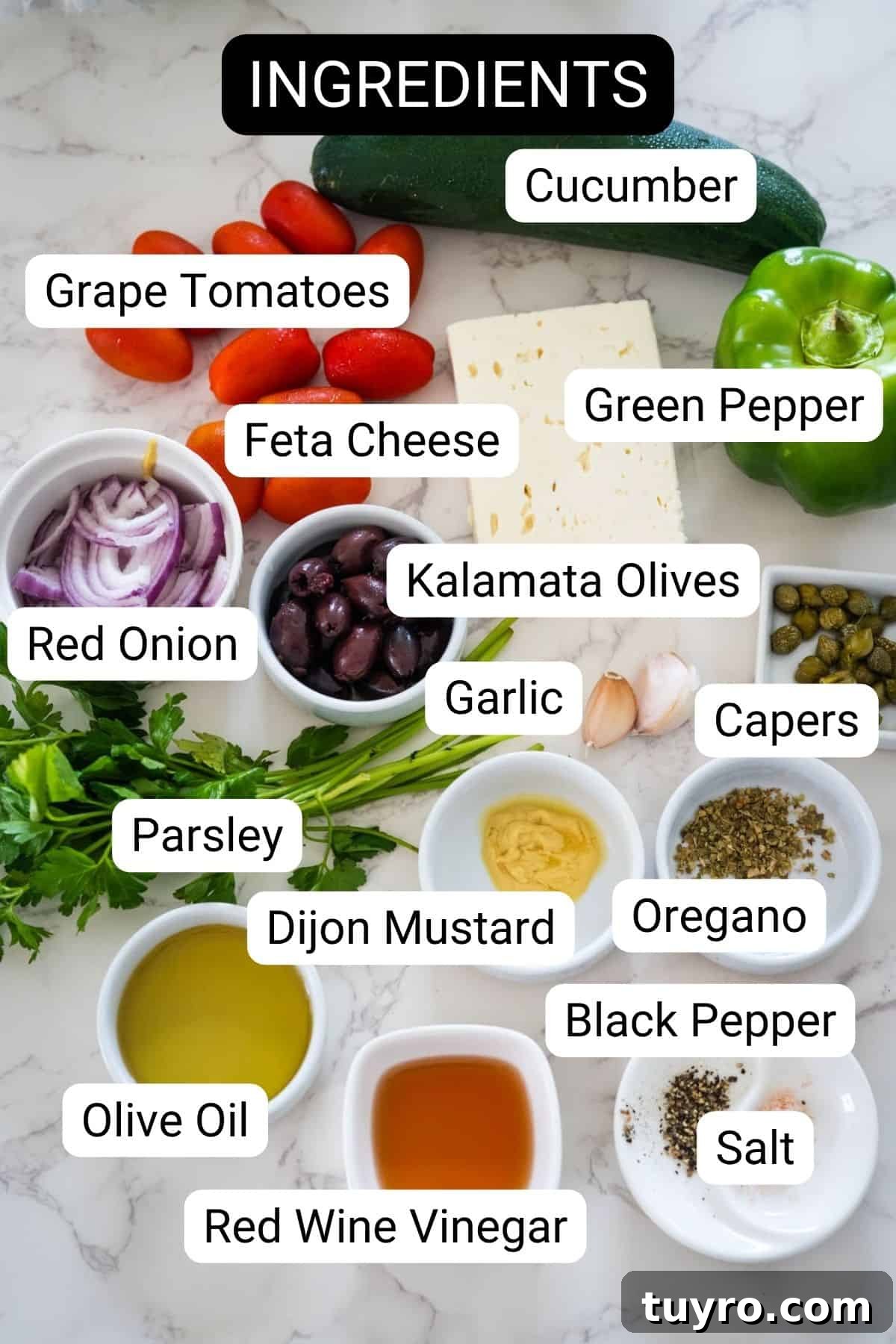 Authentic Greek Horiatiki Salad Recipe — Classic Village Salad 3 Ingredients for a dish displayed on a marble surface, including cucumber, grape tomatoes, green pepper, feta cheese, red onion, Kalamata olives, parsley, garlic, capers, oregano, black pepper, salt, Dijon mustard, olive oil, and red wine vinegar.