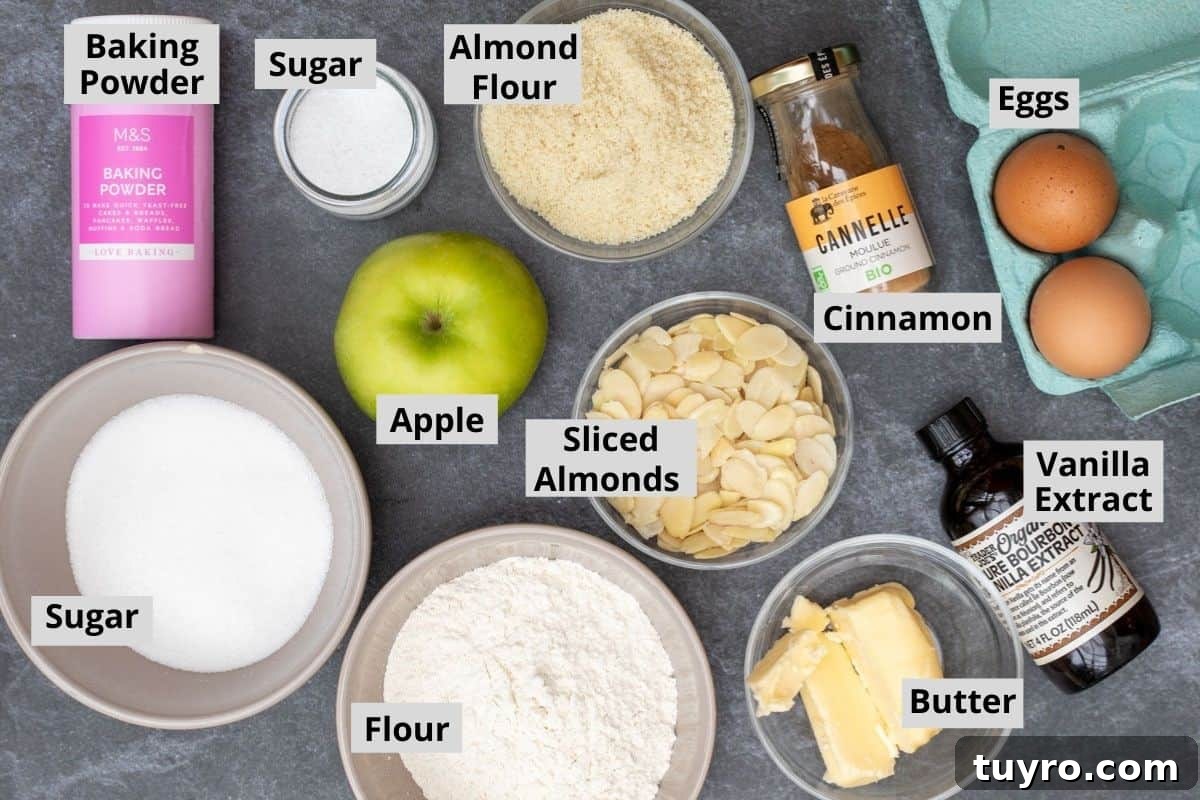 Moist Apple Almond Cake Recipe with Cinnamon 3 baking powder, sugar, apple, sliced almonds, flour, almond flour, butter, cinnamon, vanilla extract, and eggs