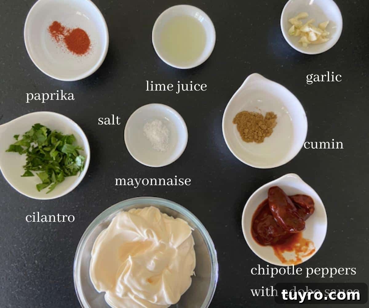 Quick Chipotle Lime Sauce Recipe — Ready in 5 Minutes 3 chipotle mayo ingredients on black countertop with text