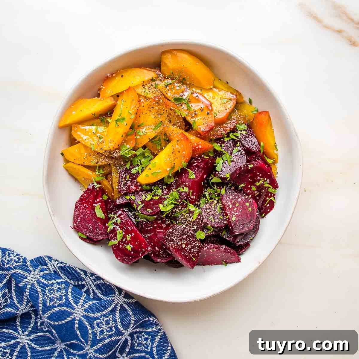 Roasted Beet Salad with Balsamic Vinaigrette and Goat Cheese 13 Roasted golden and red beets, cut into wedges, sprinkled with fresh parsley.
