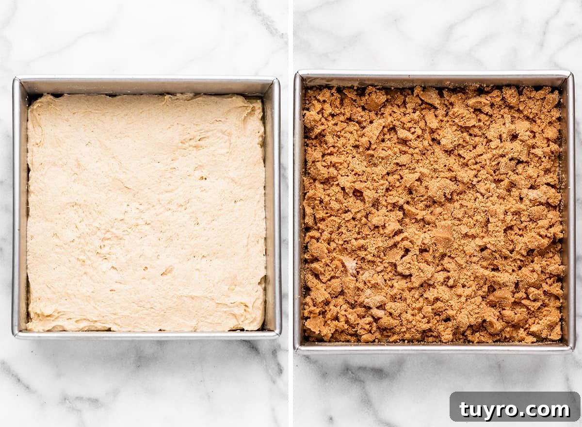 two photos showing How to Make Coffee Cake - in baking pan before and after adding crumb topping