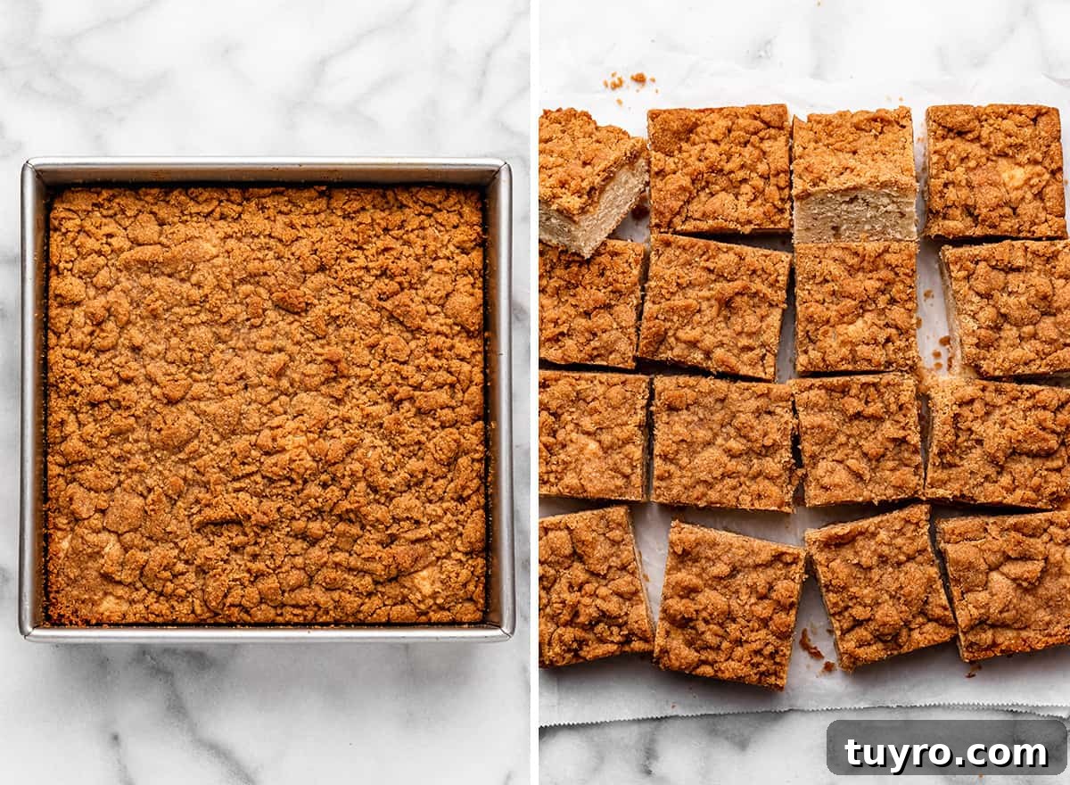 two photos showing How to Make Coffee Cake - baked in a baking dish then cut into 16 pieces. 