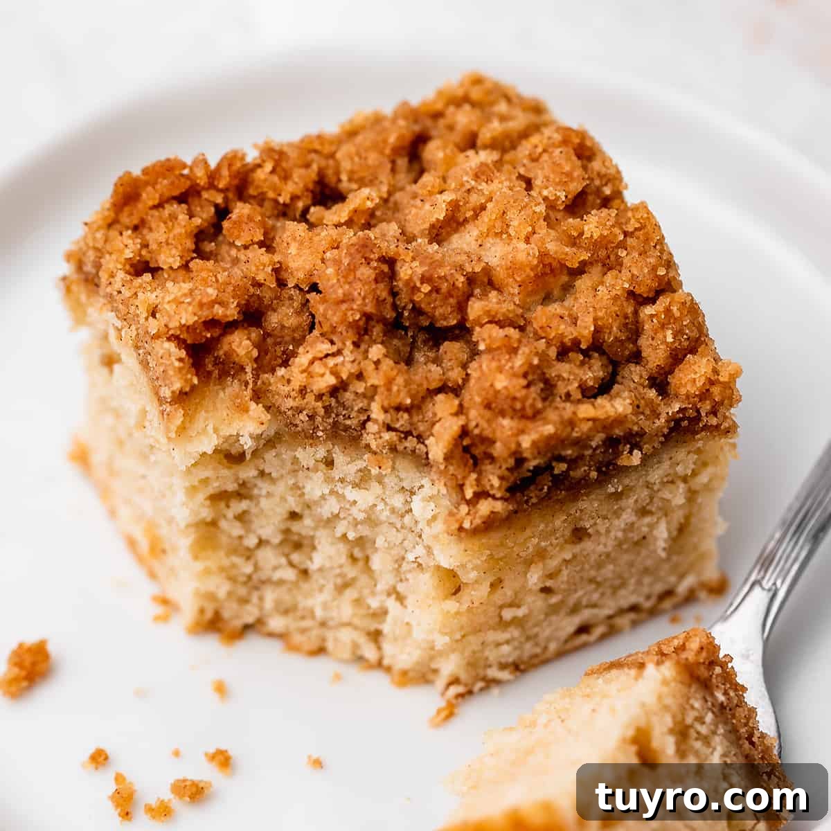 a piece of Cinnamon Coffee Cake on a plate with a bite taken out of it on a fork next to the cake