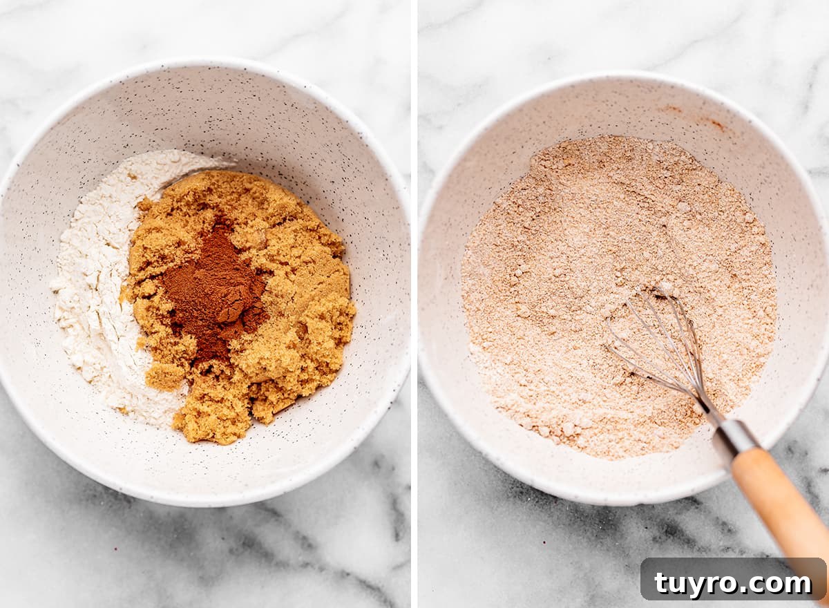 two photos showing How to Make Coffee Cake - combining crumb topping ingredients