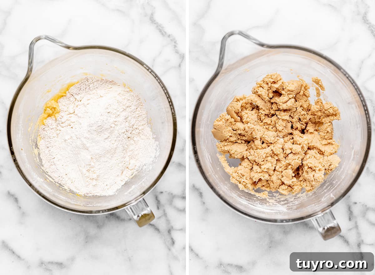 two photos showing How to Make Coffee Cake - combining wet and dry ingredients