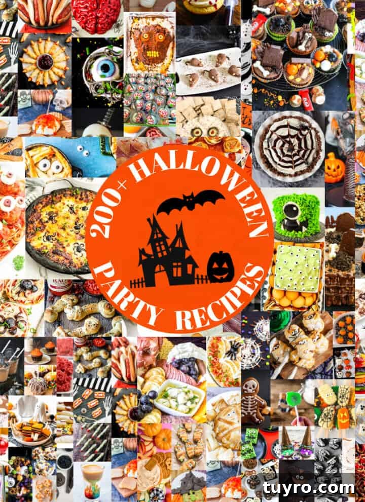 Dozens of pictures of 200 Halloween recipes including adult drinks, appetizers, treats, snacks, desserts for kids and families all with a Halloween theme.