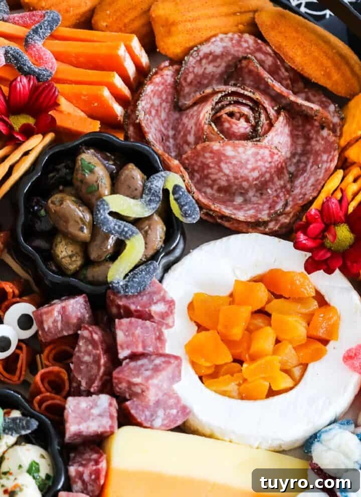 A large Halloween Charcuterie cheeseboard loaded with stacks of crackers, cut and sliced meats, nuts, and Halloween candy for a Halloween party.