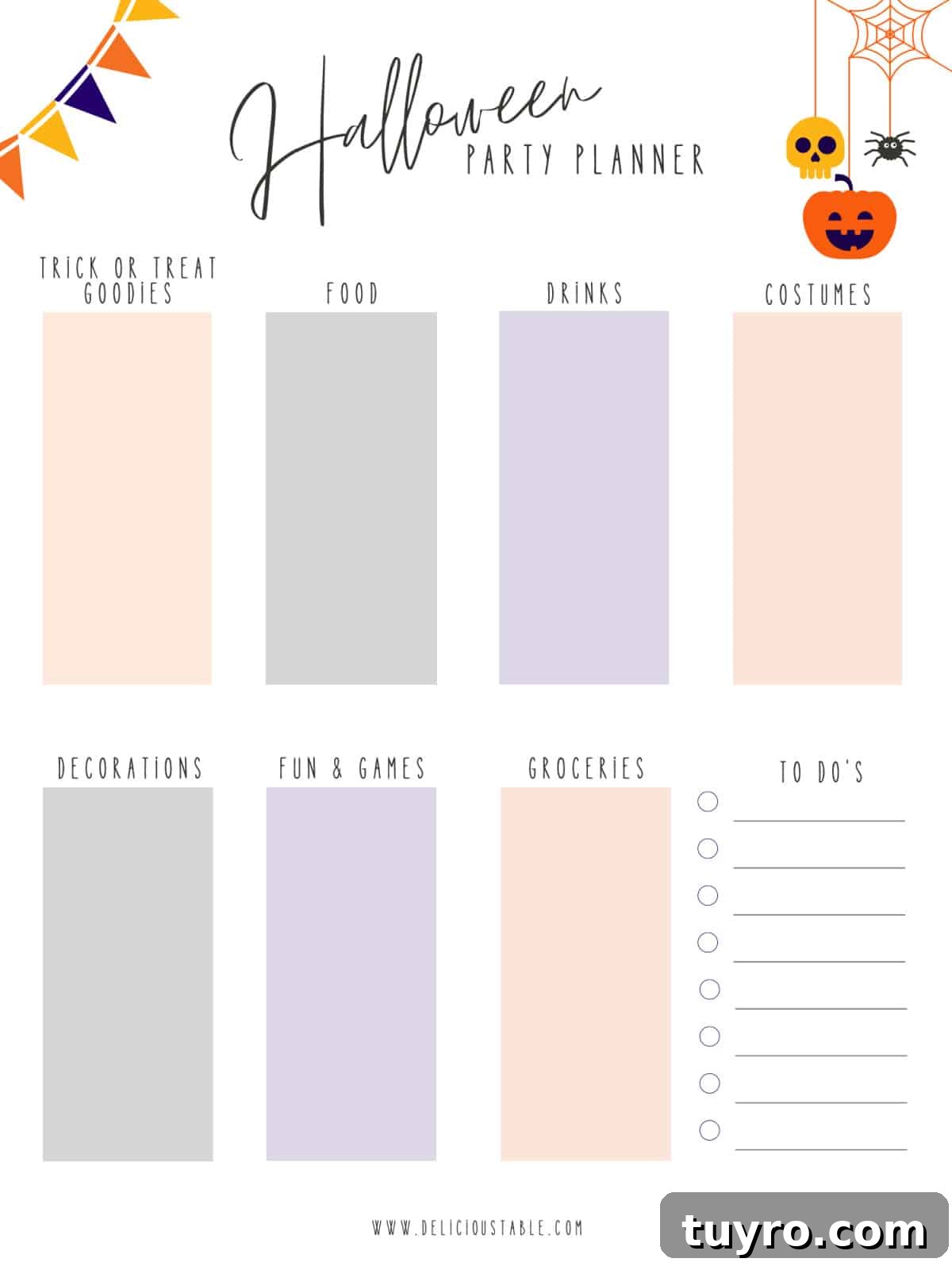 A two page Halloween planner to plan the best food and decorations for a Halloween party.