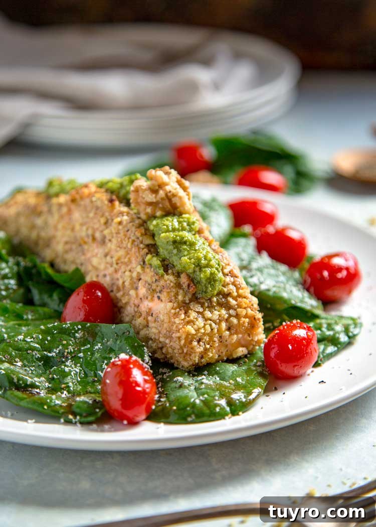 For my Walnut Crusted Pesto Salmon I pressed fresh, chopped California Walnuts on all sides and topped the baked salmon with a homemade walnut pesto instead of the traditional pine nuts. Tender and flakey, this salmon is baked, quick and on the table in under 30 minutes. Walnut Crusted Pesto Salmon