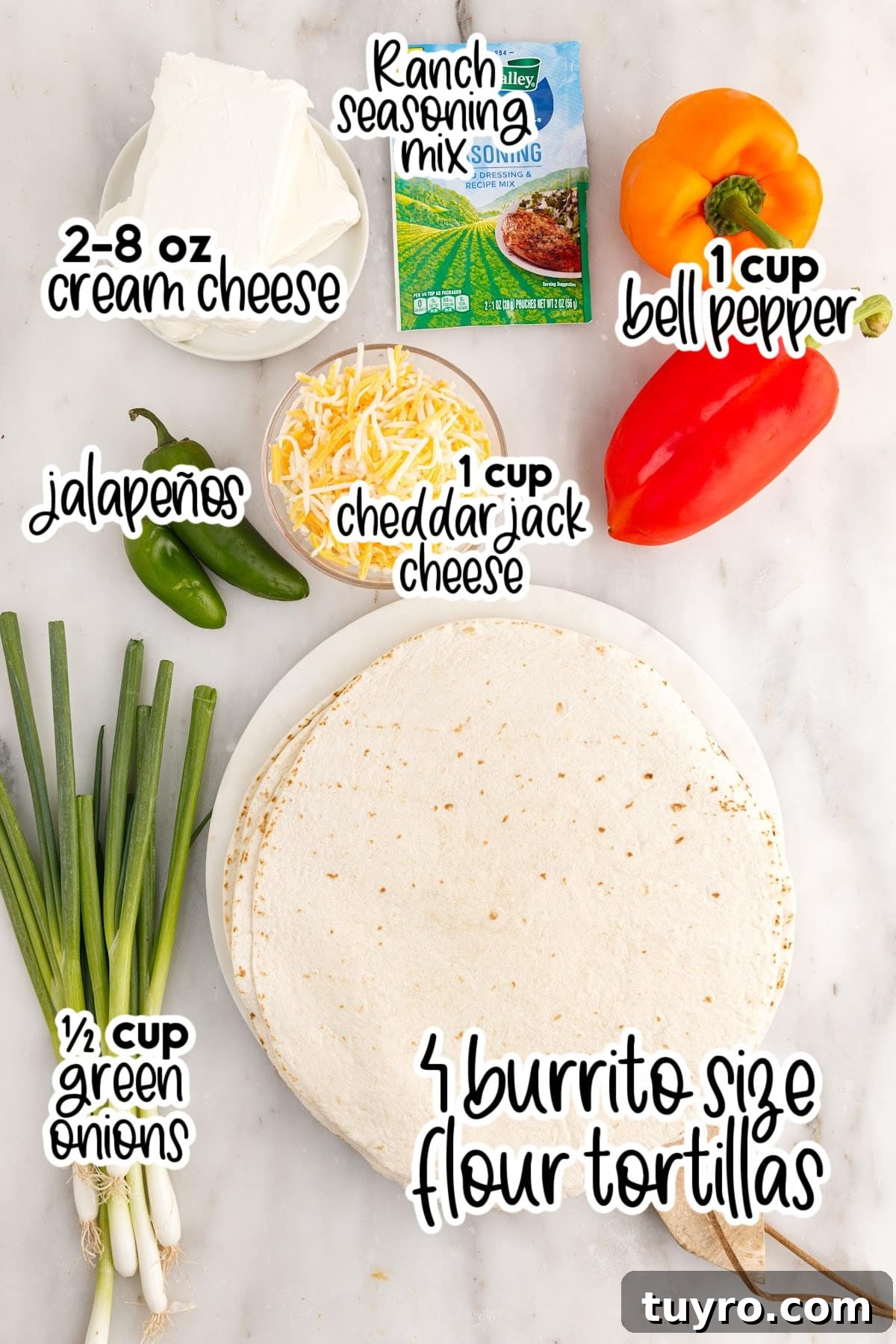 Creamy Ranch Pinwheel Appetizers for Parties and Potlucks 3 Ingredients needed to make ranch pinwheels.