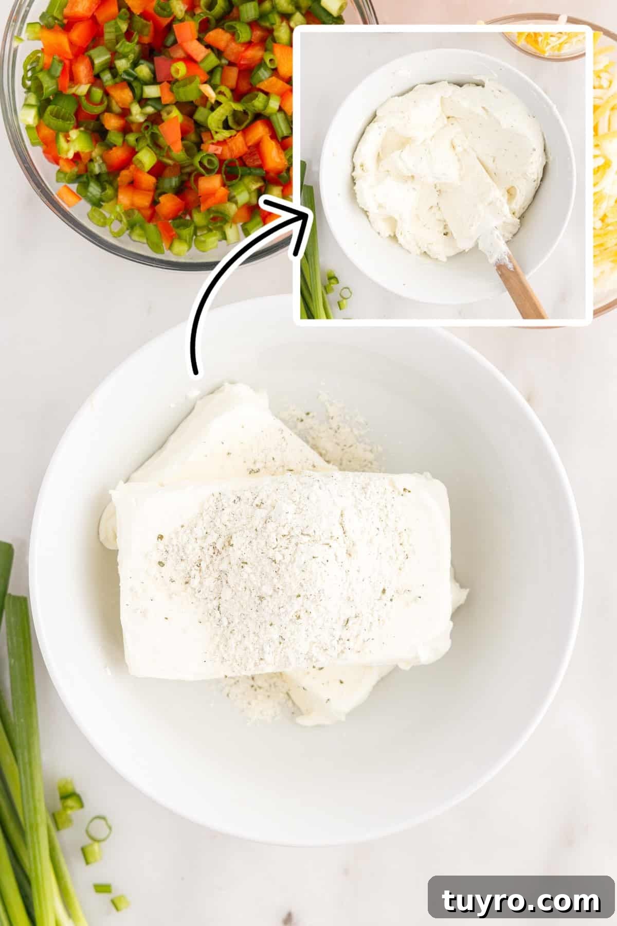 Creamy Ranch Pinwheel Appetizers for Parties and Potlucks 4 Combining the cream cheese with ranch seasoning in a mixing bowl.