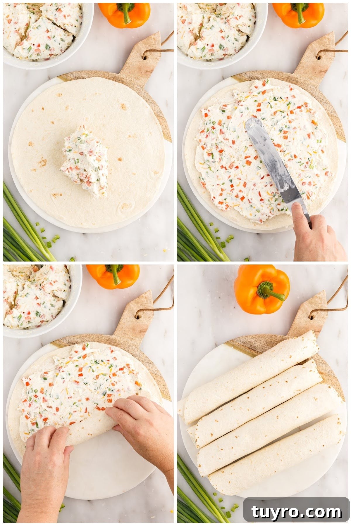 Creamy Ranch Pinwheel Appetizers for Parties and Potlucks 6 Adding the cream cheese filling to the tortilla, spreading it out, then rolling them up.