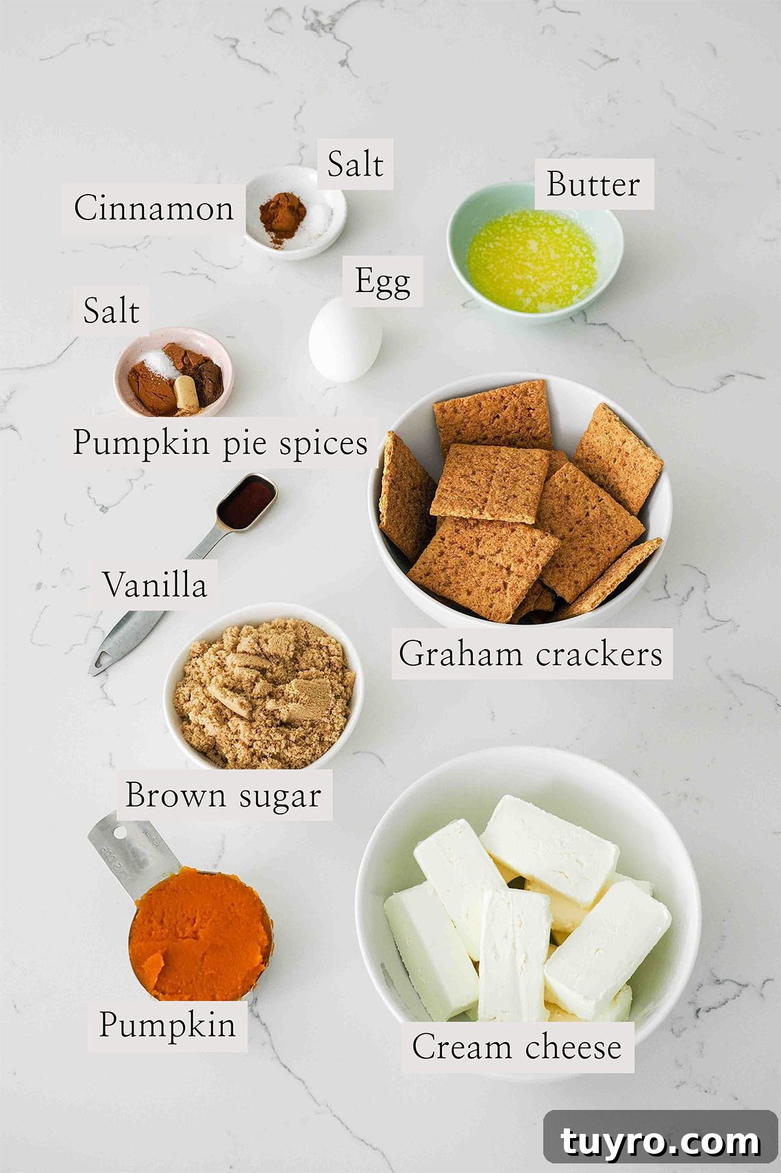 Mini Pumpkin Cheesecake Bites with Spiced Gingersnap Crust 3 Ingredients used to make mini pumpkin cheesecakes on a quartz counter.