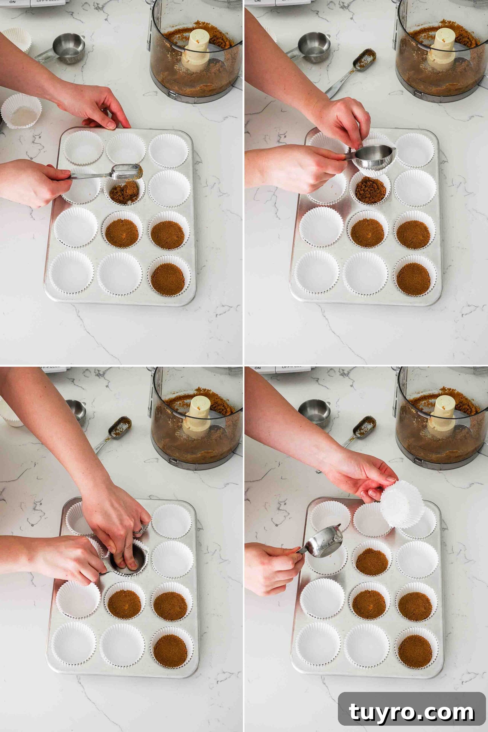 Mini Pumpkin Cheesecake Bites with Spiced Gingersnap Crust 6 A graphic of four images showing how to use a paper liner and measuring cup to press down graham cracker crusts.