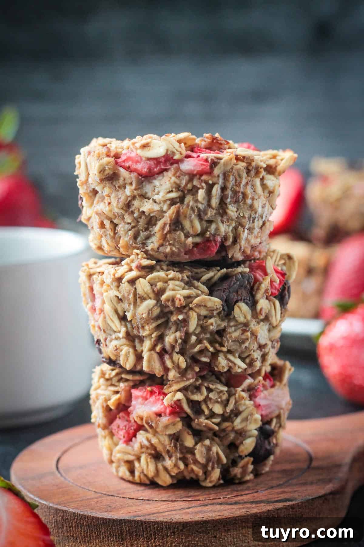 Strawberry Baked Oatmeal Muffins Recipe for Moist Breakfast Bites 10 Three strawberry baked oatmeal muffins stacked.