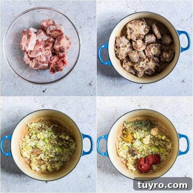 Gluten-Free Jamaican Oxtail Stew Recipe for Rich, Authentic Flavor 2 image collage showing the first four steps for making Jamaican oxtails