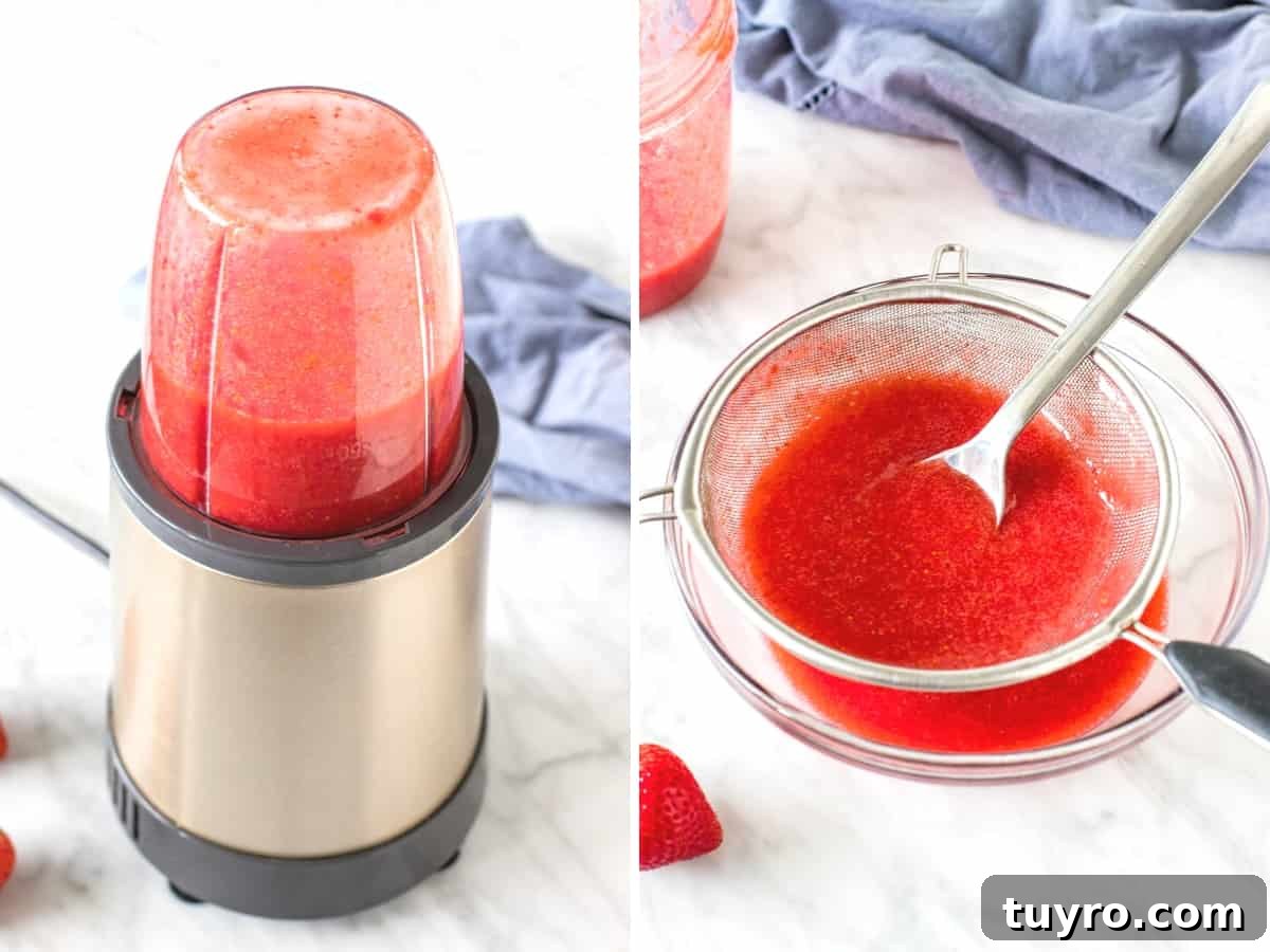 Strawberry Buttercream Frosting Made with Fresh or Frozen Berries 4 Strawberry puree in blender and puree poured through metal sifter over glass bowl