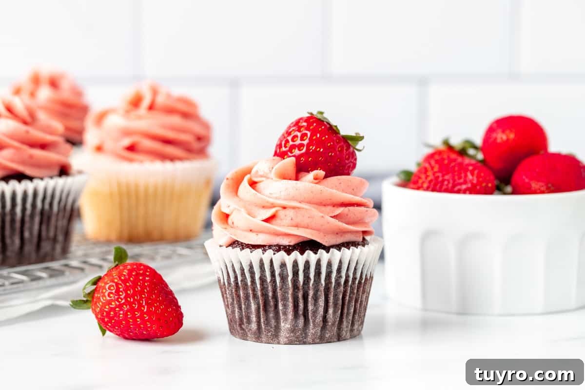 Strawberry Buttercream Frosting Made with Fresh or Frozen Berries 6 Chocolate cupcake with strawberry frosting