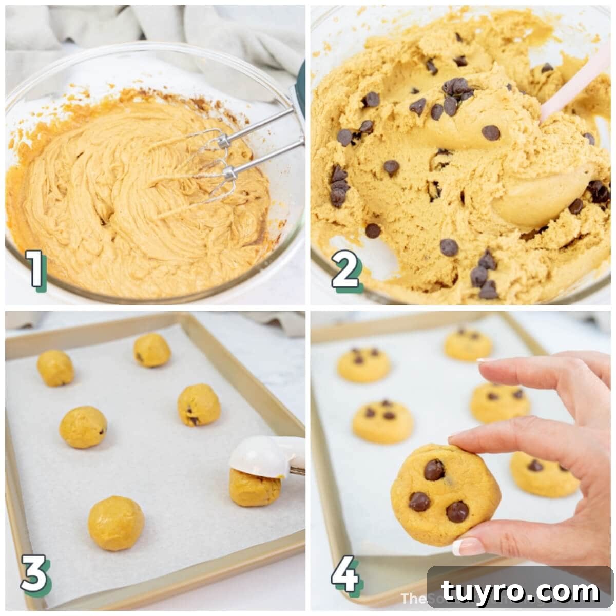 Pumpkin Chocolate Chip Cookies Recipe for Soft, Chewy Treats 5 4 step photo collage showing how to make pumpkin cookies with chocolate chips.