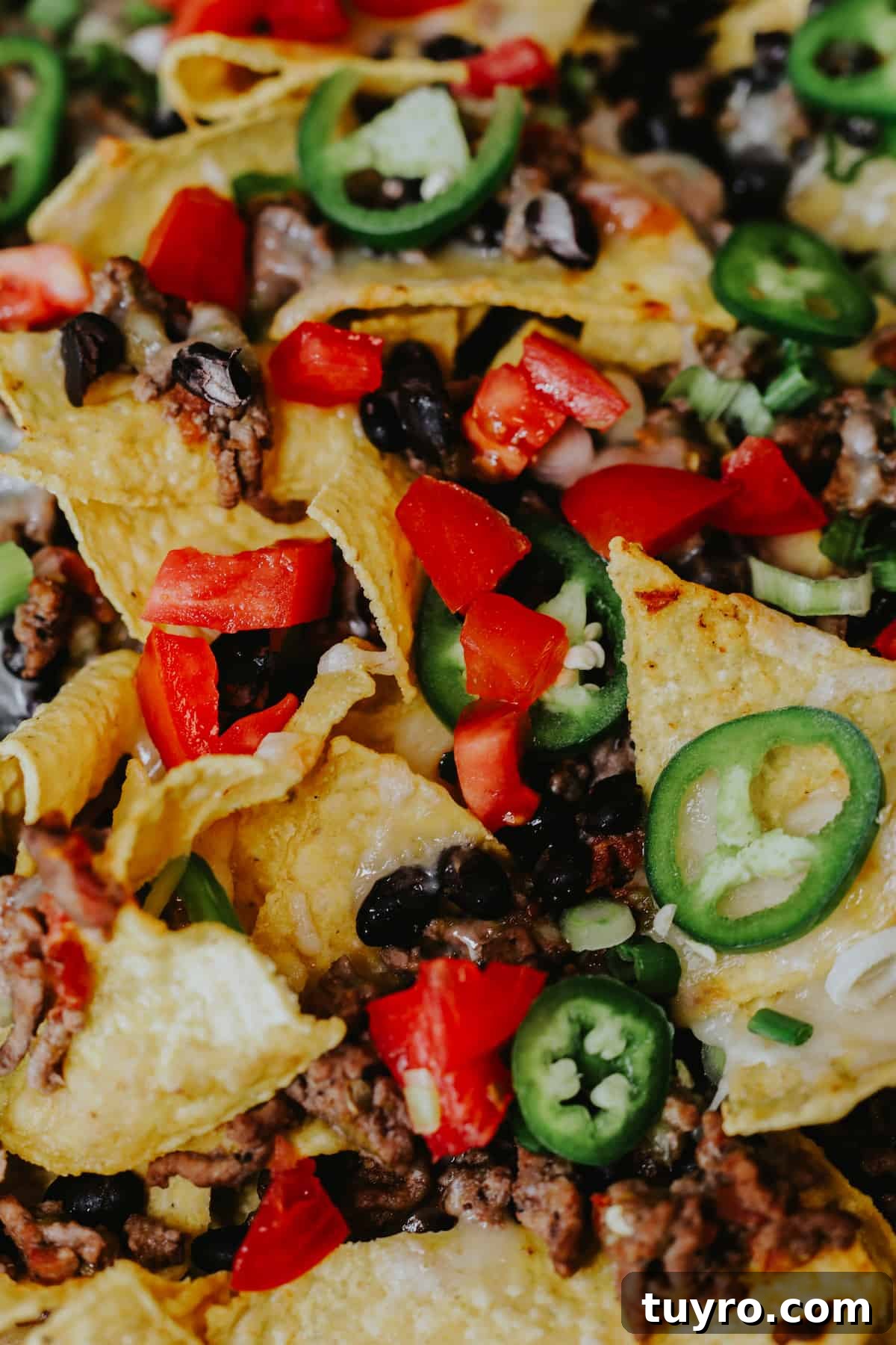 Loaded Oven Baked Beef Nachos with Melted Cheese 6 close up shot of classic baked sheet pan beef nachos topped with sliced jalapenos and diced tomatoes.