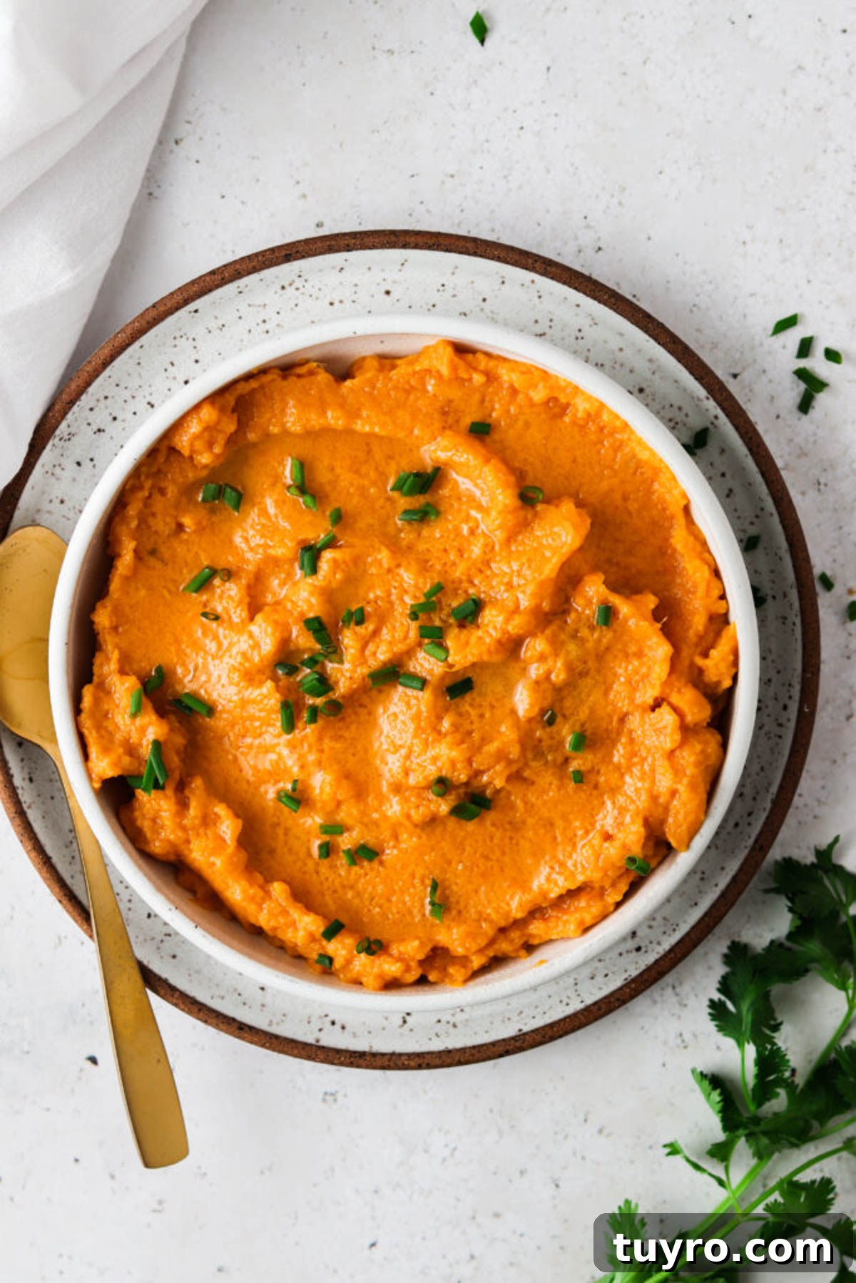 Vegan sweet potato mash in a bowl with chives.