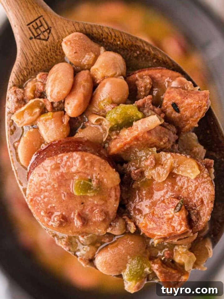 Close up of some pinto beans and sausage on a spoon over a crock pot.