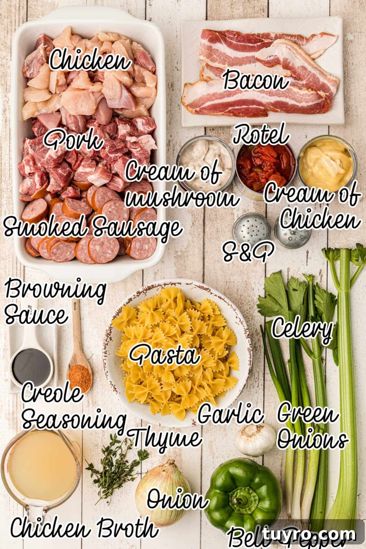 Ingredients needed to make a Cajun Pastalaya.