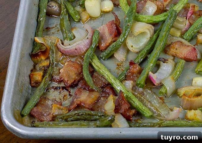 Crisp Roasted Green Beans with Bacon and Caramelized Shallots 5 Fresh Roasted Green Beans with Bacon and Shallots on metal baking sheet