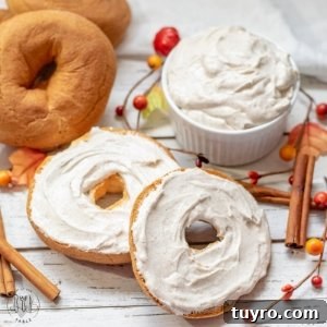 Whipped Maple Cinnamon Cream Cheese on a a gluten free bagel