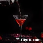 Strawberry martini being poured from a cocktail shaker into a martini glass, on a black background.