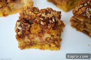 Maple Apple Walnut Slice Recipe: Moist Autumn Cake 4 Close up of the Maple Apple and Walnut Slice. An almost apple cake like base that is light, fluffy and buttery with a rich and sweet walnut and oat crumble and a liberal amount of maple syrup poured over top to marry all the elements together.