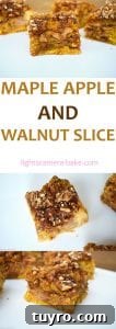 Maple Apple Walnut Slice Recipe: Moist Autumn Cake 7 Maple Apple and Walnut Slice. An almost apple cake like base that is light, fluffy and buttery with a rich and sweet walnut and oat crumble and a liberal amount of maple syrup poured over top to marry all the elements together.