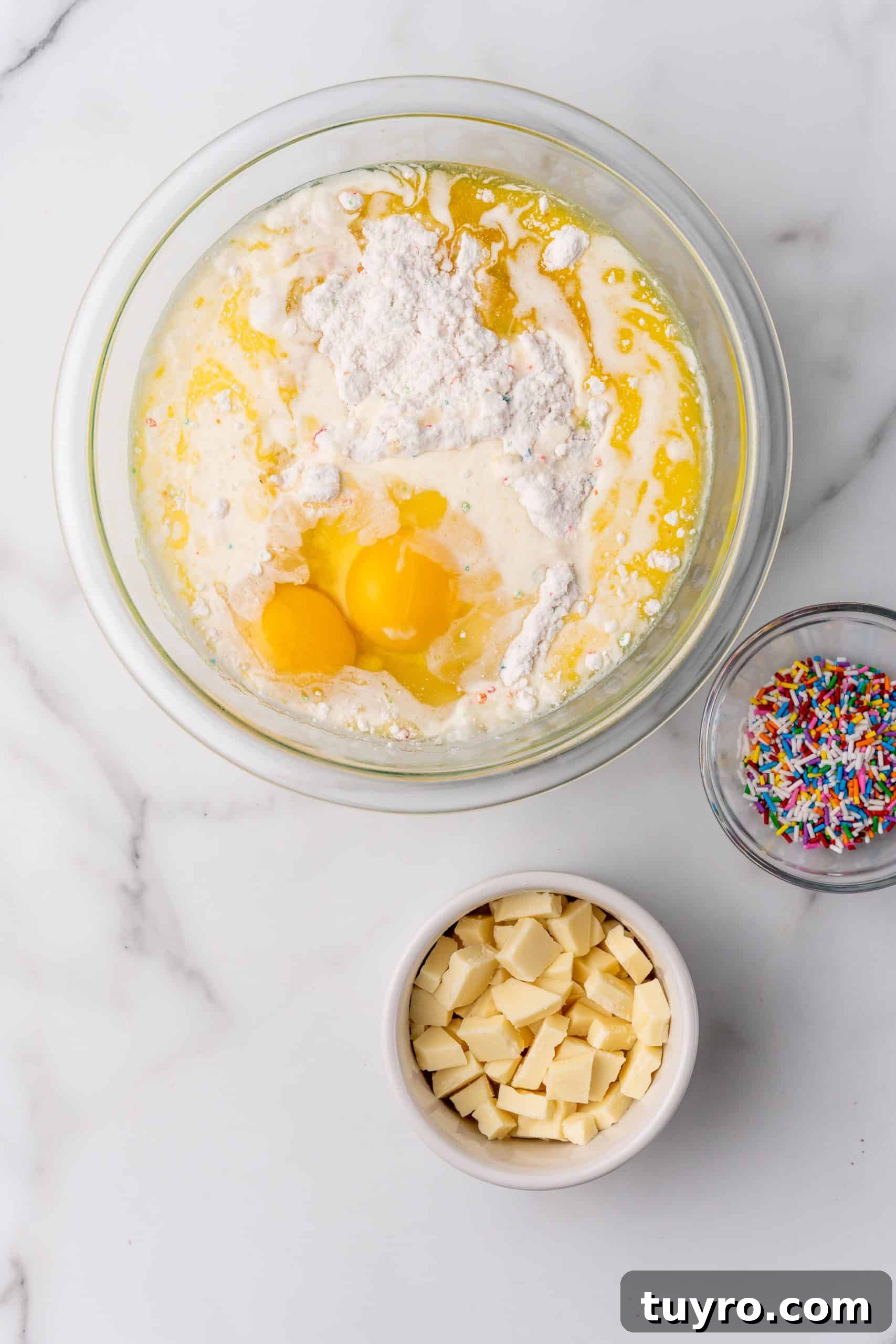 Birthday Cake Blondies Recipe with Sprinkles and Frosting 5 cake mix batter ingredients in a glass mixing bowl