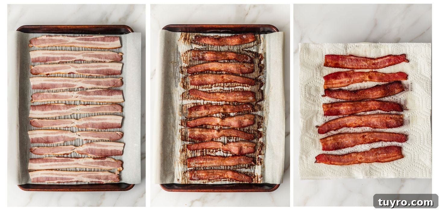 Sheet Pan Bacon, Egg & Cheese Croissant Sandwiches for Brunch 4 Three-step photos showing raw bacon on a sheet pan, cooked bacon, and bacon on paper towels.
