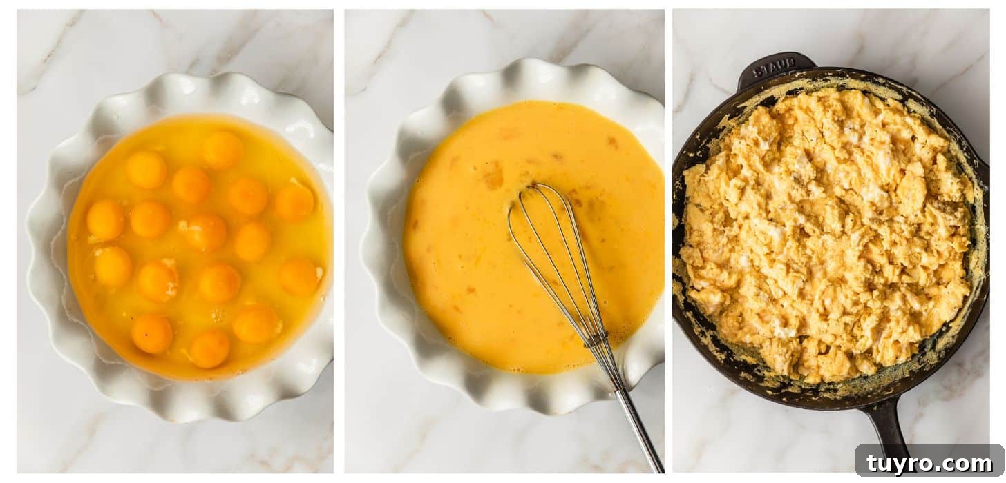 Sheet Pan Bacon, Egg & Cheese Croissant Sandwiches for Brunch 6 Steps to scrambling eggs: cracked eggs in a bowl, whisked eggs, and scrambled eggs in a pan.