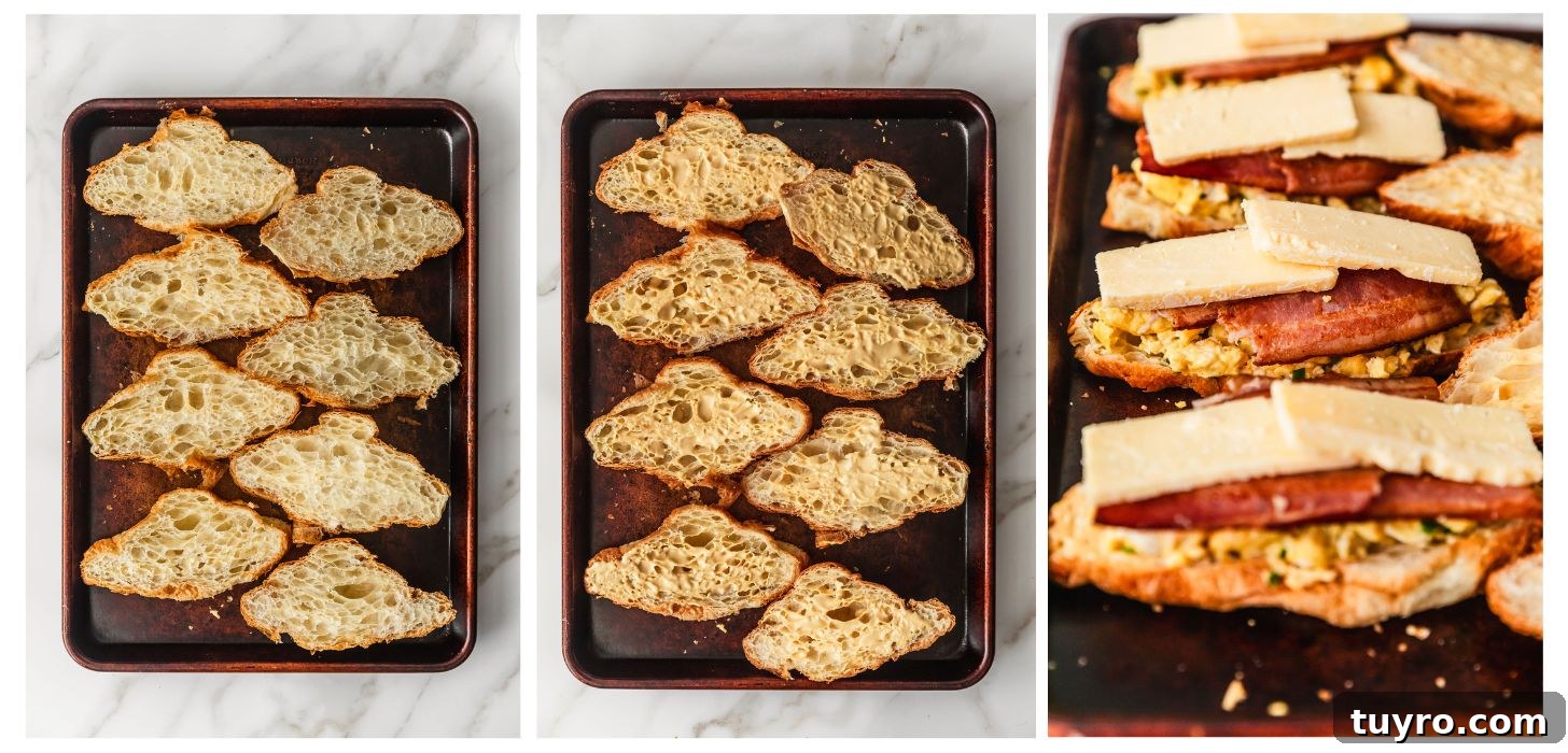 Sheet Pan Bacon, Egg & Cheese Croissant Sandwiches for Brunch 7 Three-step images showing croissants cut in half, spread with sauce, and layered with eggs, bacon, and cheese.