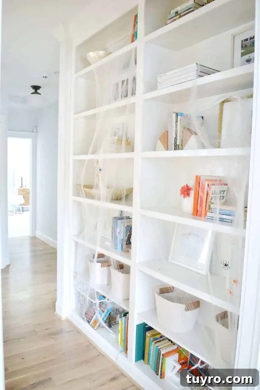 Affordable Fall and Halloween Home Tour: Stylish Seasonal Decor on a Budget 19 spider webs on bookcase