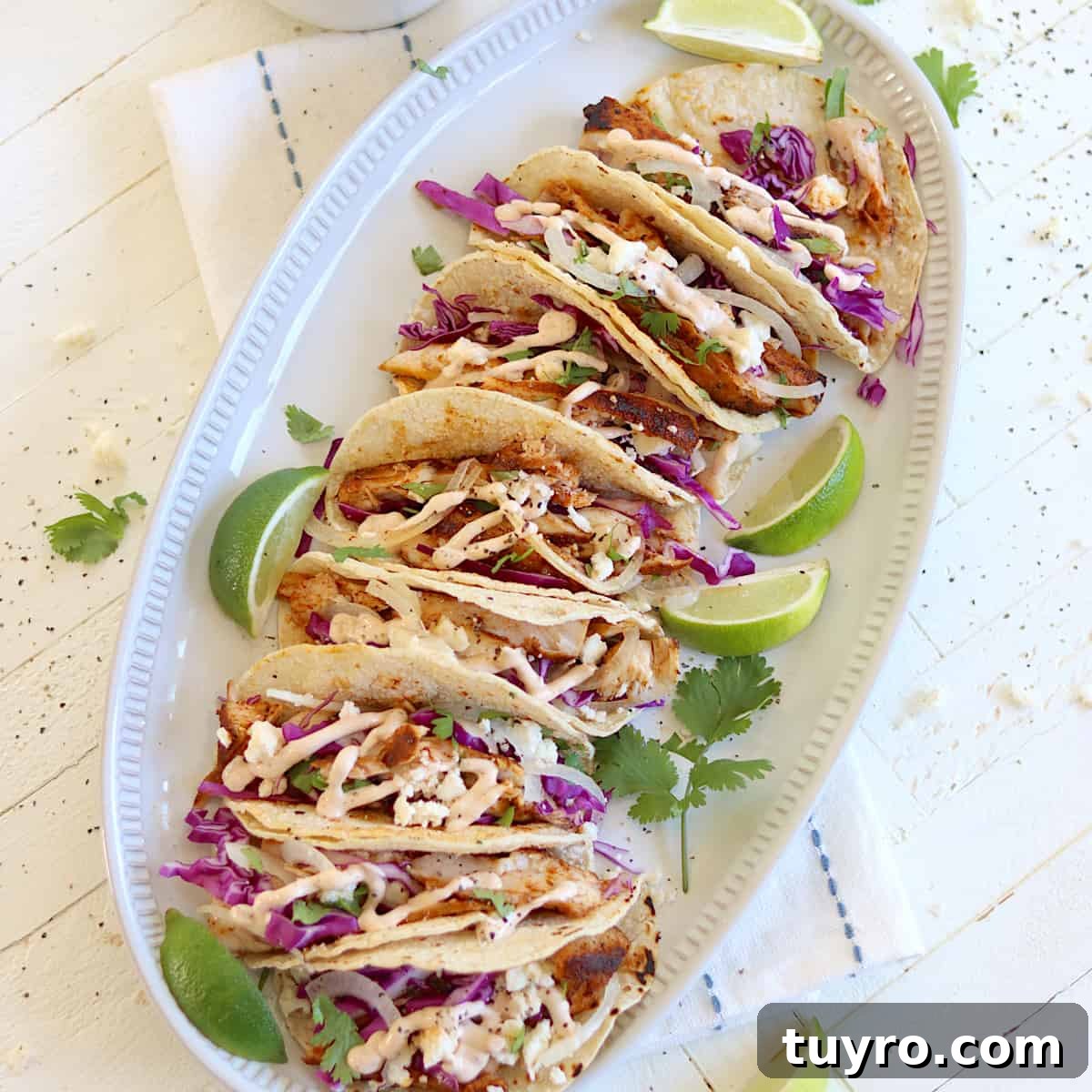 30 Taco Tuesday Ideas for a Craveworthy Dinner 15 Fish tacos arranged on a light gray oval platter and garnished with fresh cilantro.