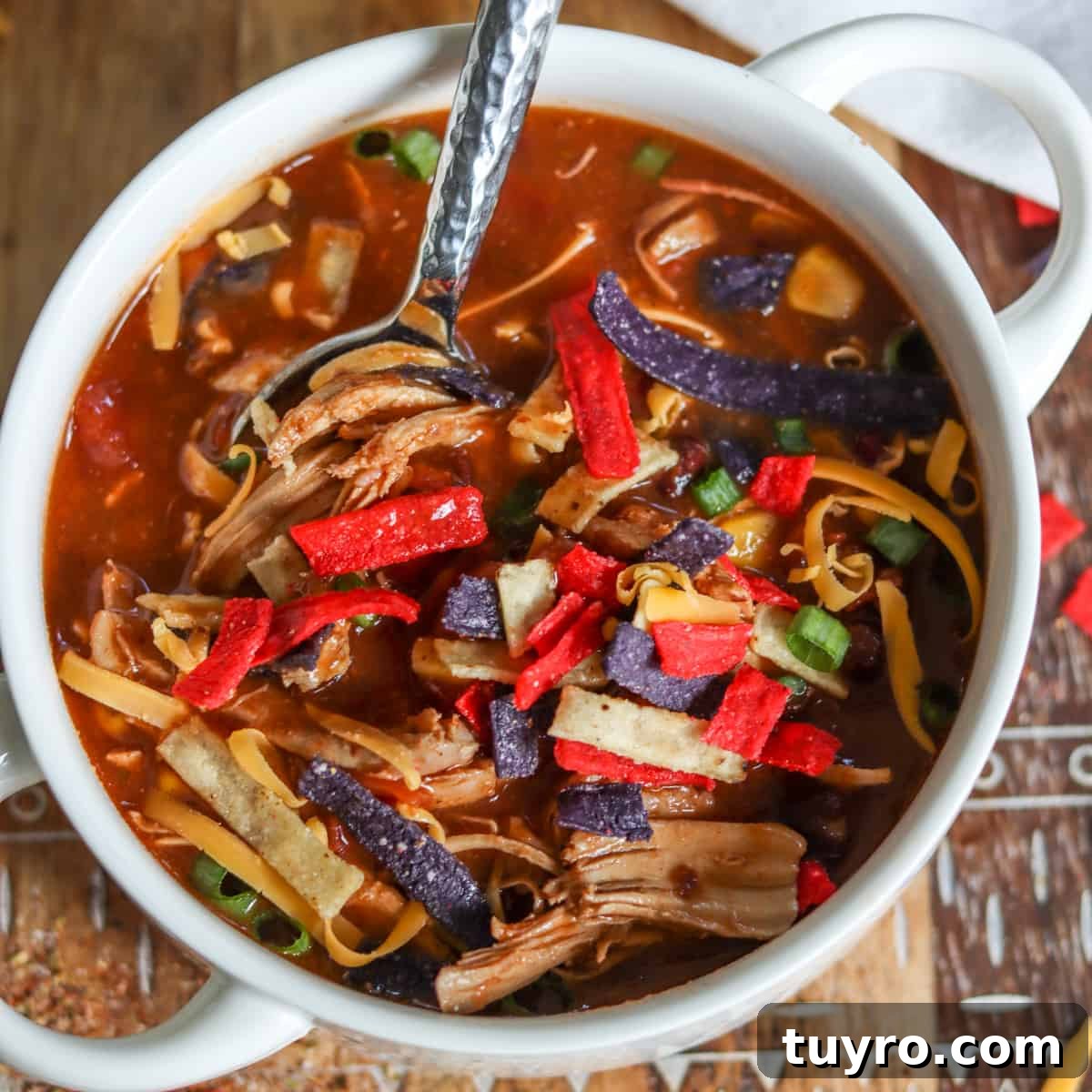 30 Taco Tuesday Ideas for a Craveworthy Dinner 18 A white bowl of chicken taco soup served with tortilla strips, green onions, and a spoon.
