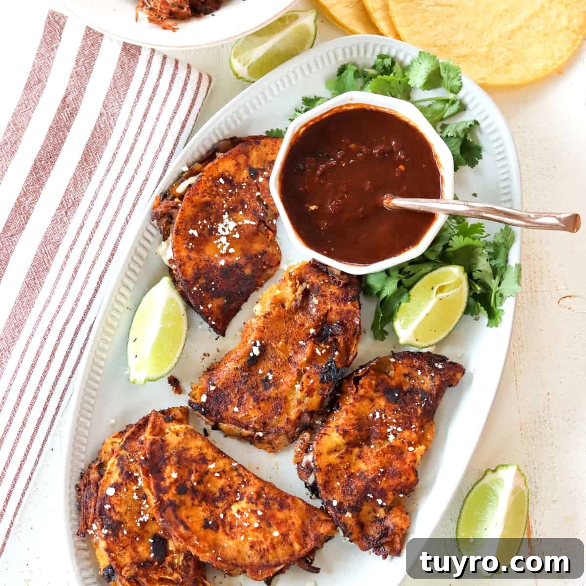 30 Taco Tuesday Ideas for a Craveworthy Dinner 19 Square image of quesabirria on a gray oval platter.