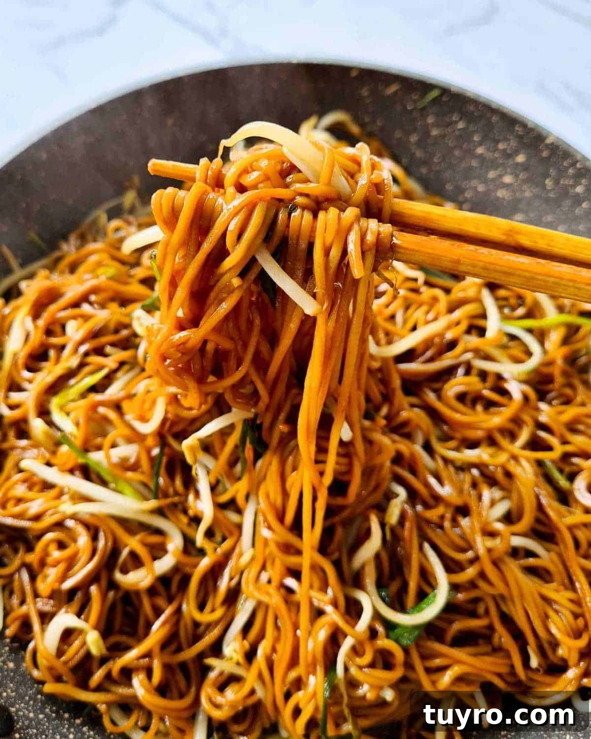 Crispy Soy Sauce Pan-Fried Noodles Recipe 2 Steaming hot soy sauce noodles being picked up by a pair of chopsticks over a pan full of noodles