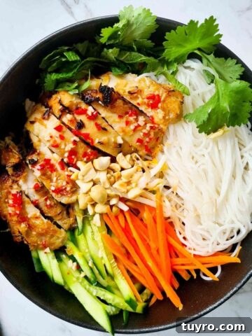 A bowl of vermicelli salad with sliced chicken