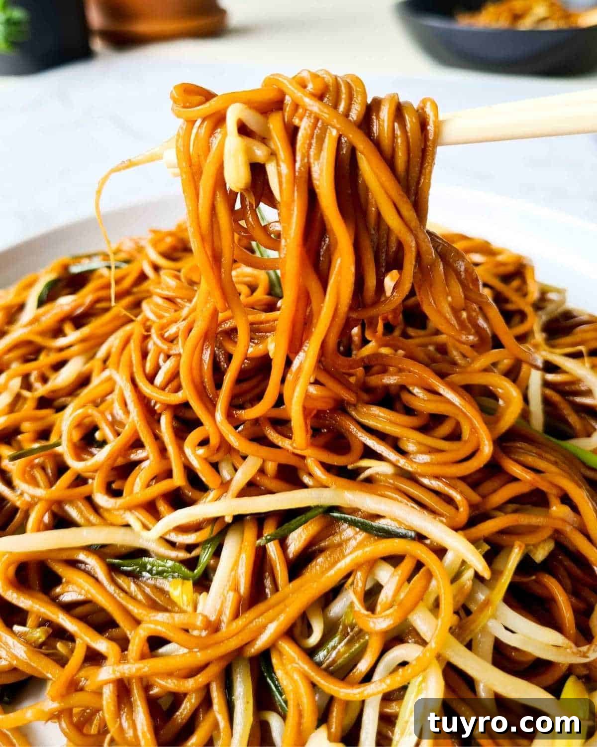 Crispy Soy Sauce Pan-Fried Noodles Recipe 10 Noodles on a pair of chopsticks over a plate